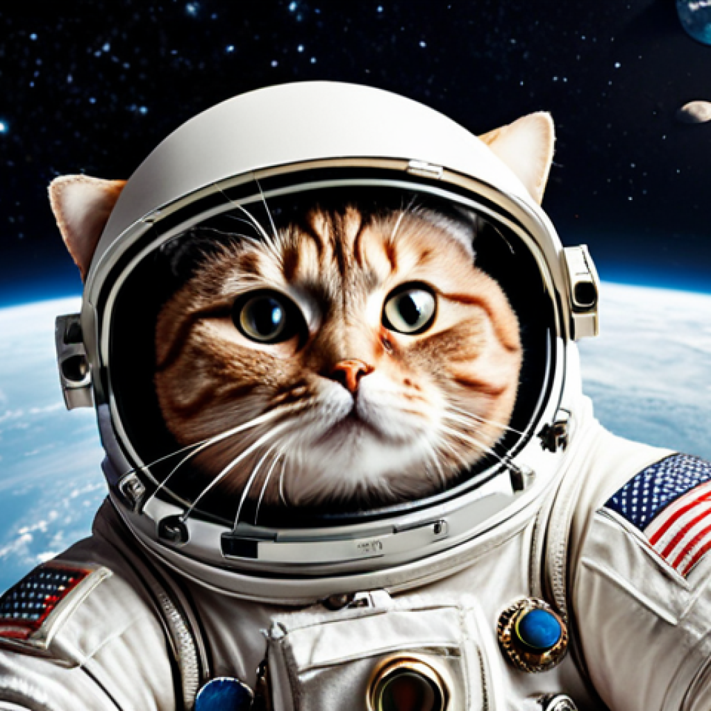 **A fat cat wearing an astronaut helmet floating in space, looking at Earth. Cute, detailed, high resolution.**