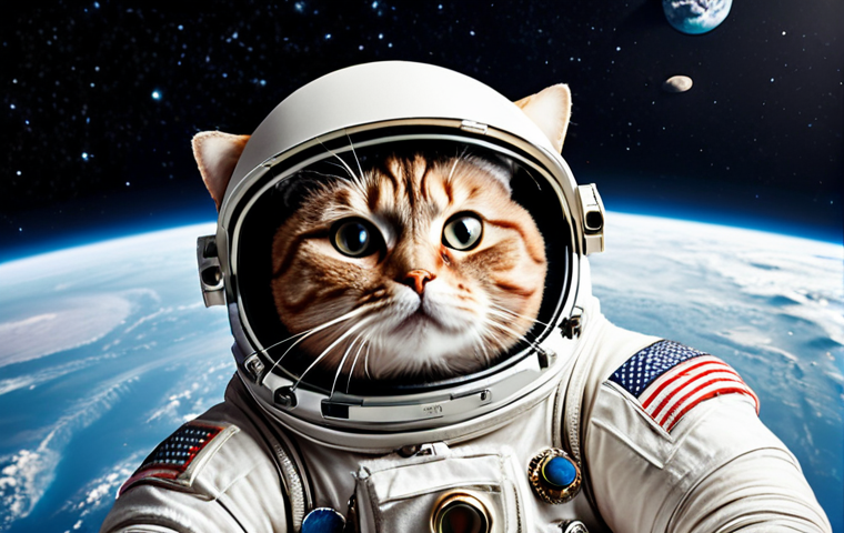 **A fat cat wearing an astronaut helmet floating in space, looking at Earth. Cute, detailed, high resolution.**